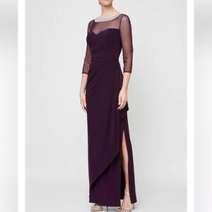 NWT Alex Evenings DRESS 16 Illusion 3/4 Sleeve EGGPLANT Mother of the Bride Gown